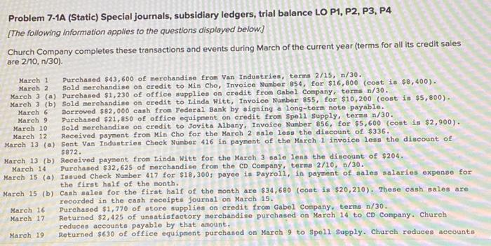  i really really need help!!! Problem 7-1A (Static) Special journals, subsidiary