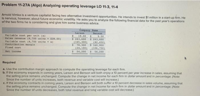  Problem 11-27A (Algo) Analyzing operating leverage LO 11-3, 11-4 Arnold Vimka