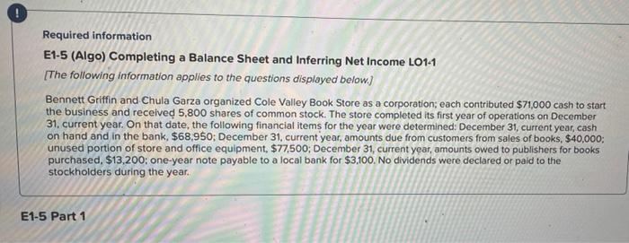  ! Required information E1-5 (Algo) Completing a Balance Sheet and Inferring