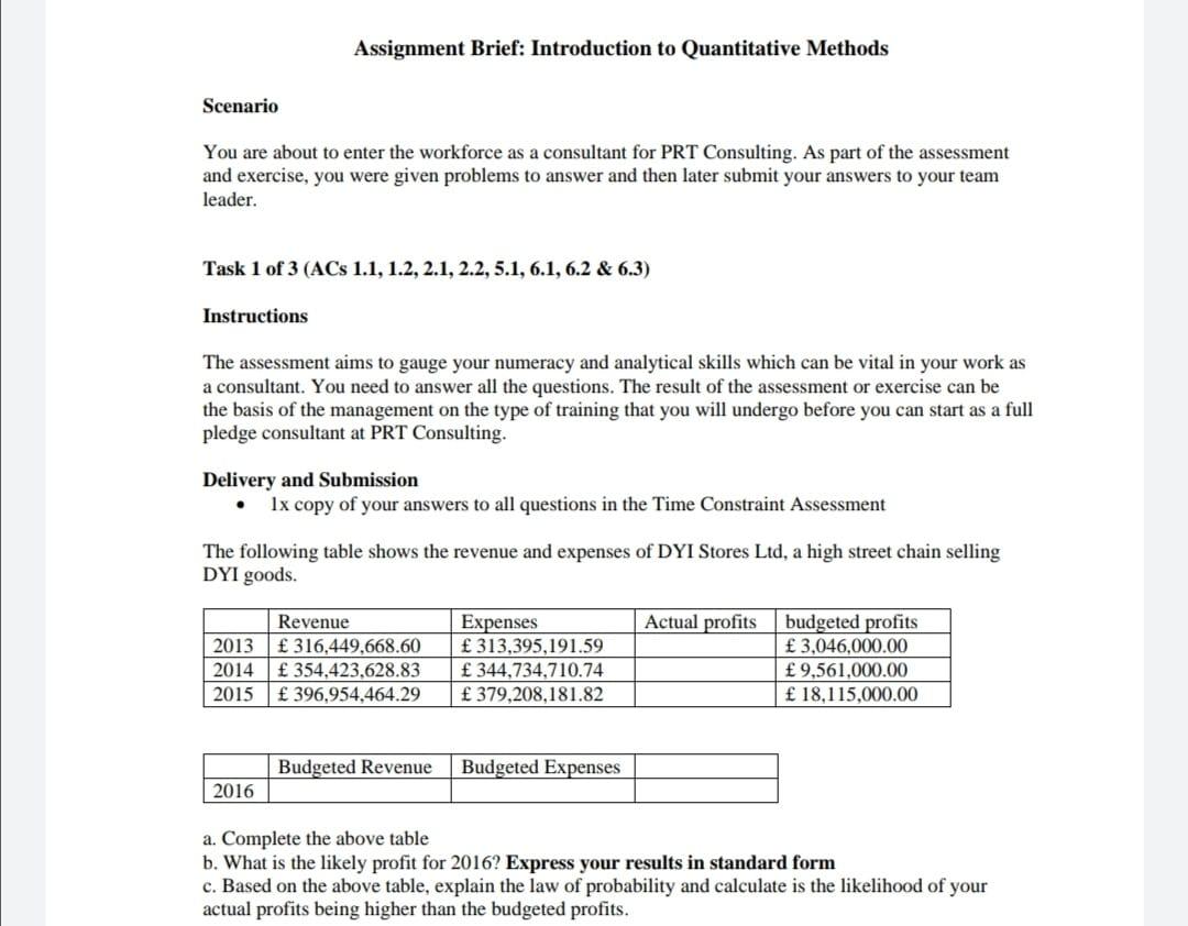  Assignment Brief: Introduction to Quantitative Methods Scenario You are about to
