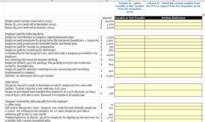  Column A-select Column B - select the section number from Taxable