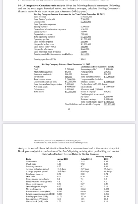 use excel sheet P3-25 Integrative: Complete ratio analysis Given the following financial