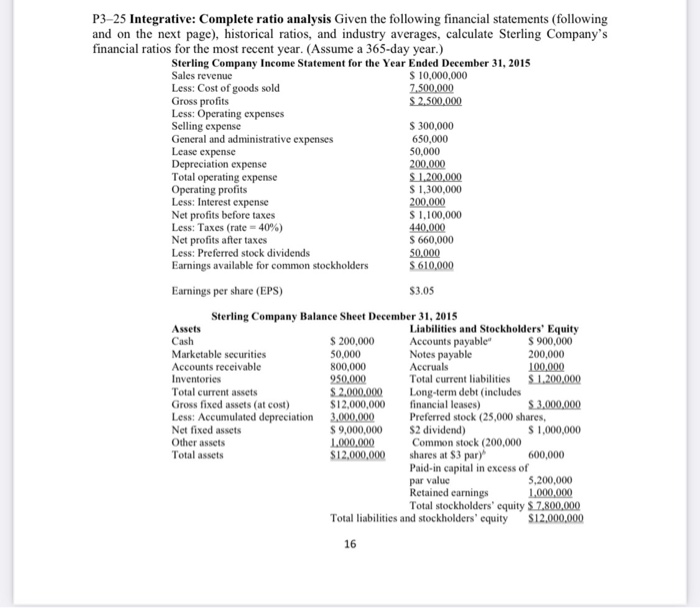 statements (following and on the next page), historical ratios, and industry averages,