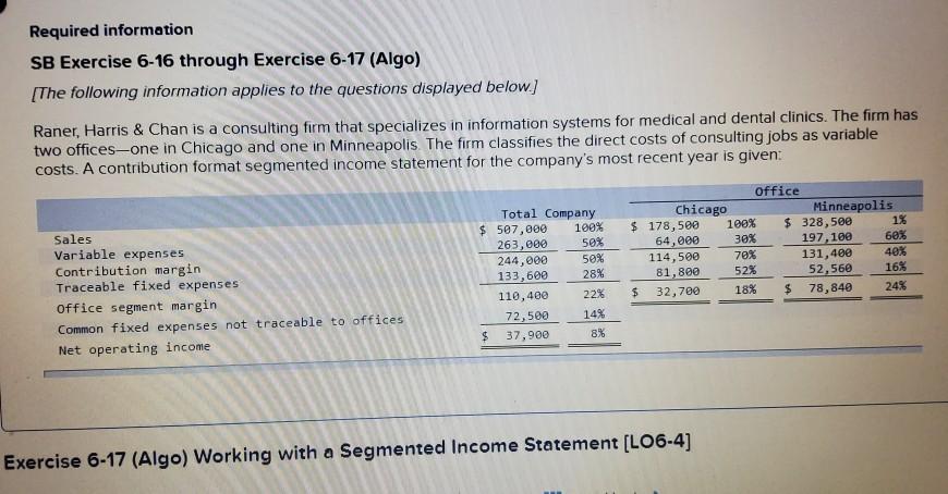  Required information SB Exercise 6-16 through Exercise 6-17 (Algo) [The following