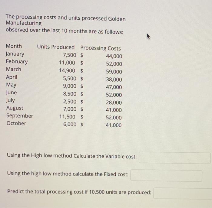 need the ans asap The processing costs and units processed Golden Manufacturing
