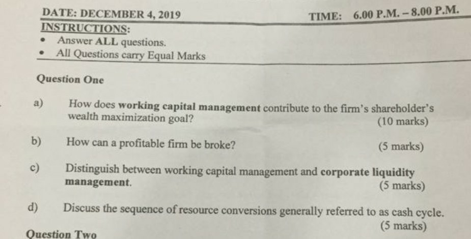  TIME: 6.00 P.M. -- 8.00 P.M. DATE: DECEMBER 4, 2019 INSTRUCTIONS: