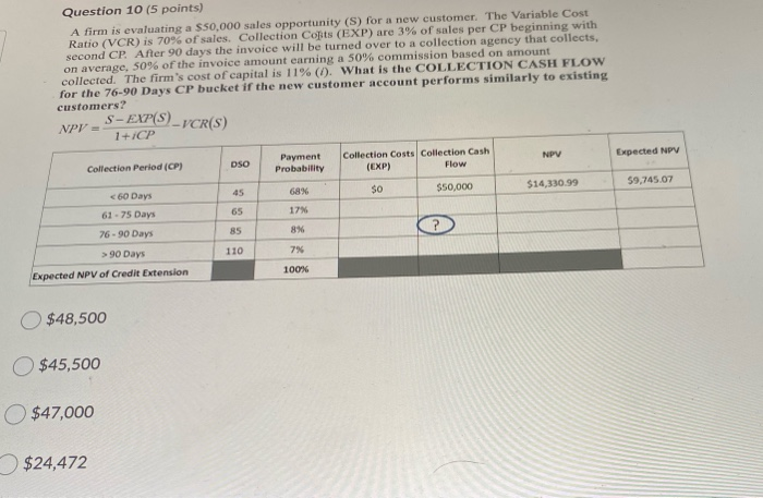  Question 10 (5 points) A firm is evaluating a $50,000 sales