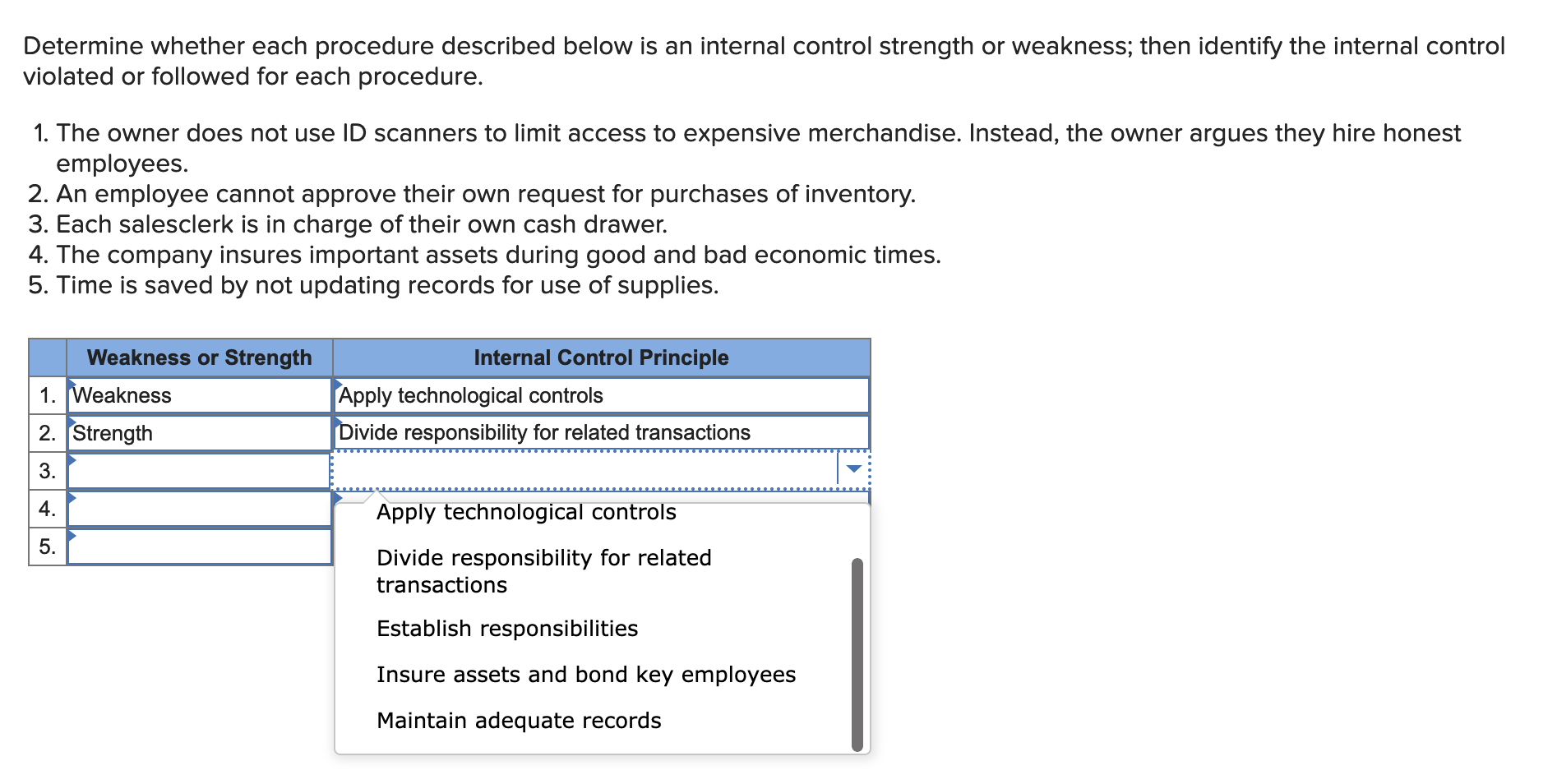 Determine whether each procedure described below is an internal control strength