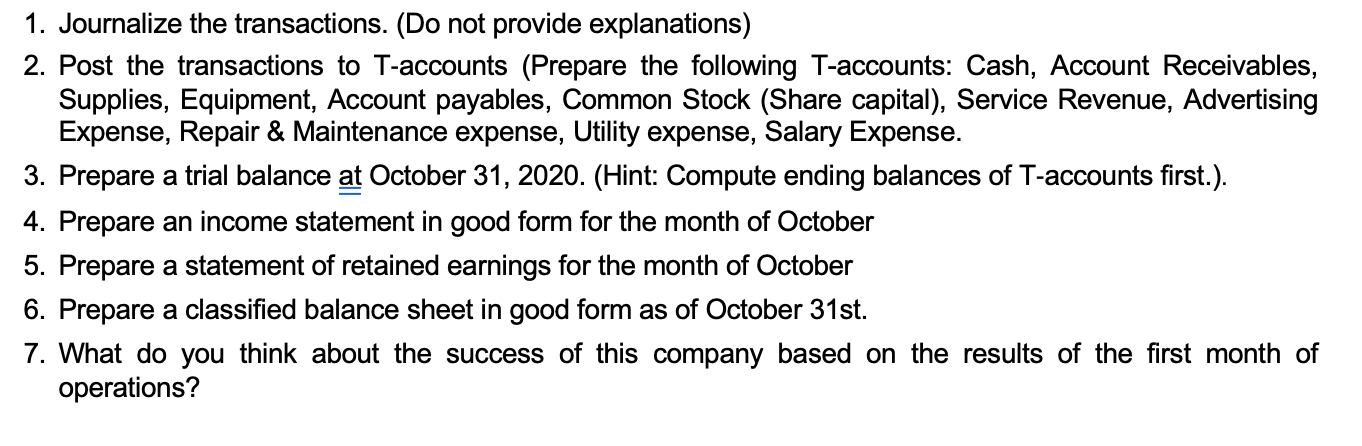  1. Journalize the transactions. (Do not provide explanations) 2. Post the