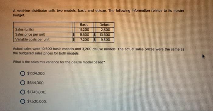  A machine distributor sells two models, basic and deluxe. The following