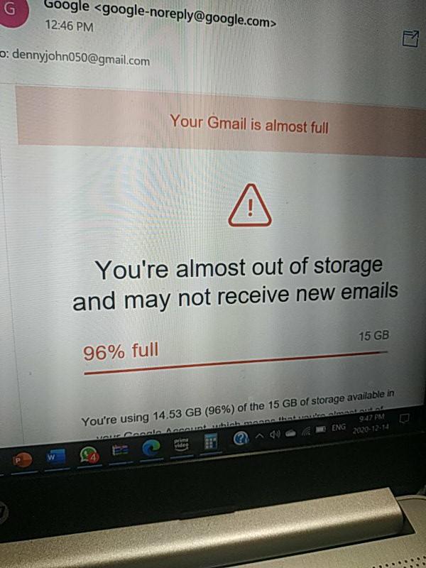  Google 12:46 PM o: dennyjohn050@gmail.com Your Gmail is almost full You're