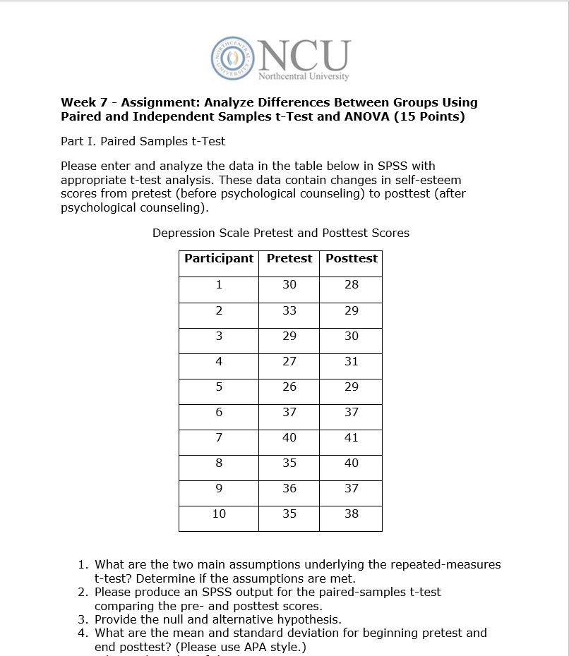 Week 7 - Assignment: Analyze Differences Between Groups Using Paired and Independent