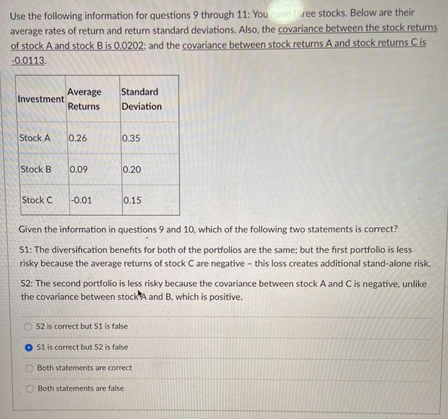 NOT CORRECT, plz help. Use the following information for questions 9 through