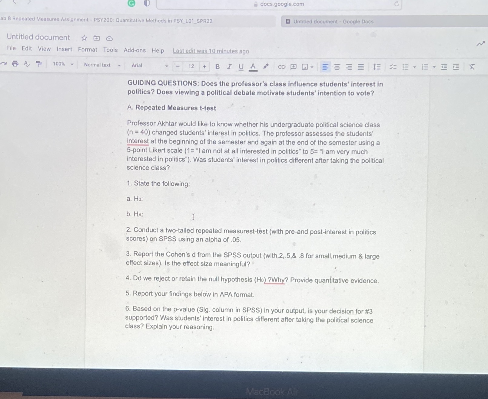 need help on these questions docs.google.com C ab 8 Repeated Measures Assignment