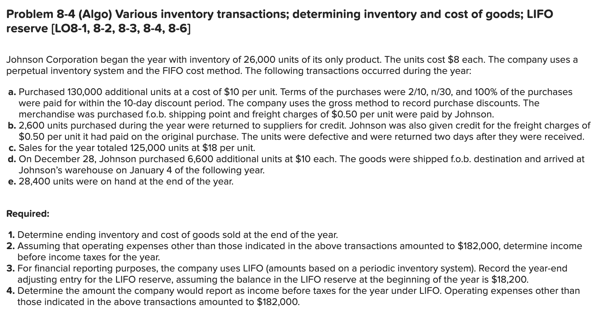  Problem 8-4 (Algo) Various inventory transactions; determining inventory and cost of