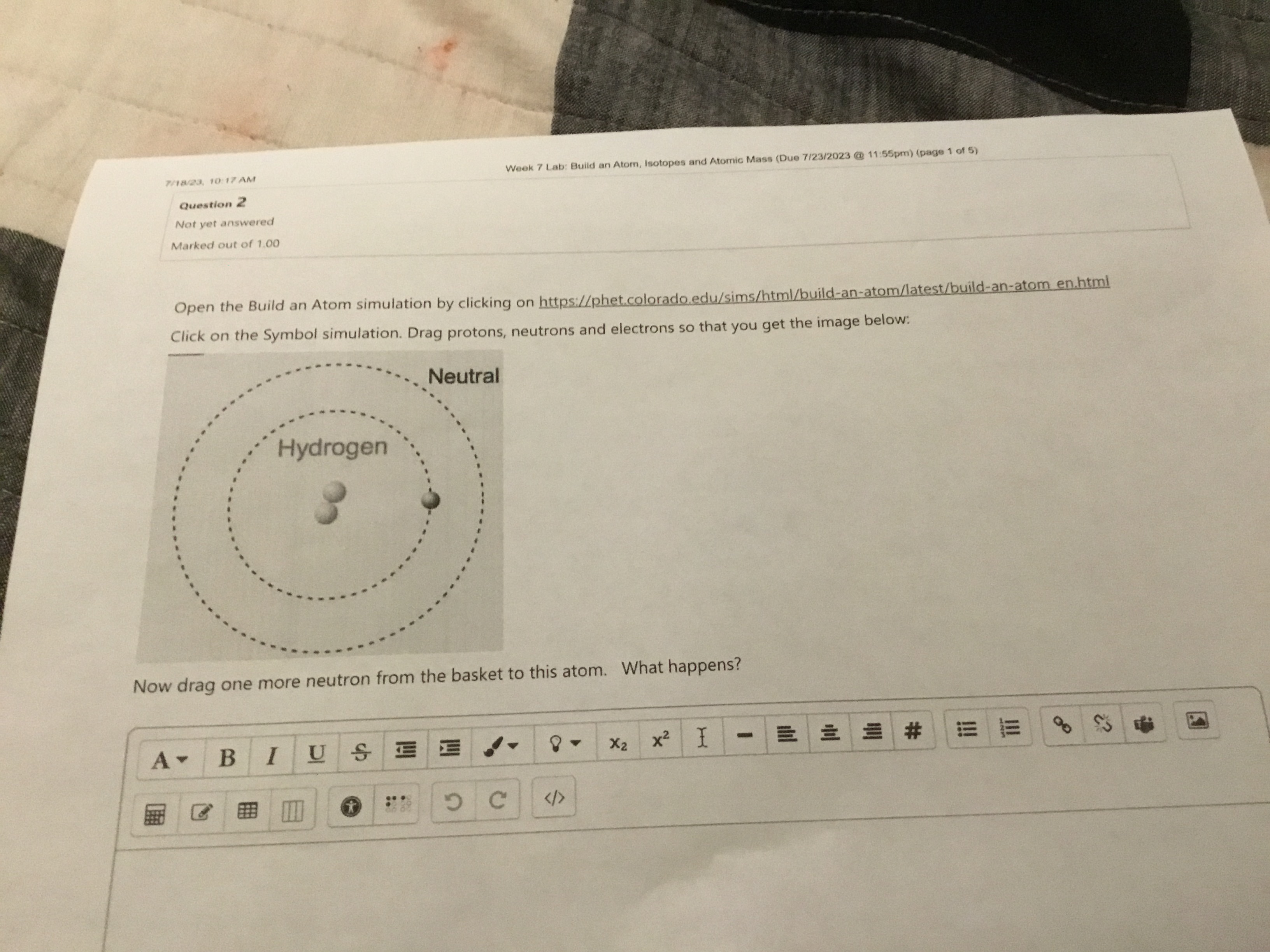  7/18/23, 10:17 AM Week 7 Lab: Build an Atom, Isotopes and