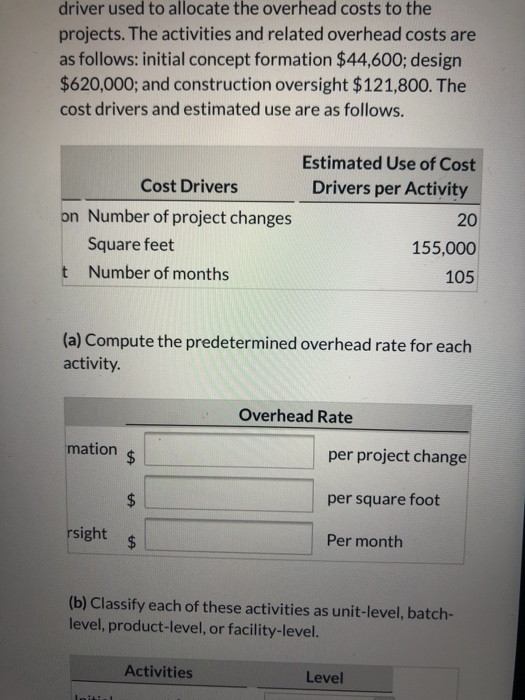 apply overhead to its projects. Each activity has a cost driver used