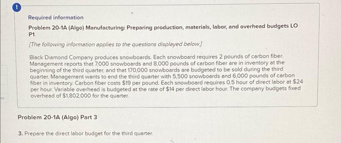  Required information Problem 20-1A (Algo) Manufacturing: Preparing production, materials, labor, and