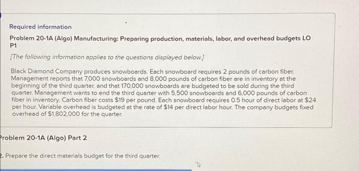  Required information Problem 20-1A (Algo) Manufacturing: Preparing production, materials, labor, and