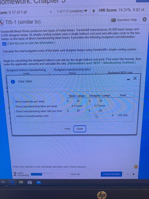 7 complete) HW Score: 74 31%, 8.92 of. 2) T15-1 (similar to)