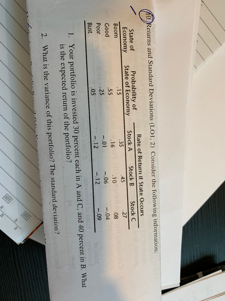 10. Returns and Standard Deviations (LO1, 2) Consider the following information: