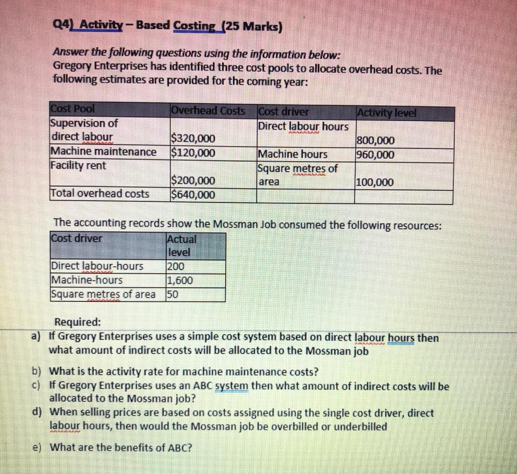 24) Activity-Based Costing (25 Marks) Answer the following questions using the