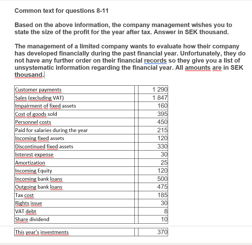  Common text for questions 8-11 Based on the above information, the