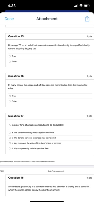 4:33 Done Attachment Question 15 1 pts Upon age 70 %,