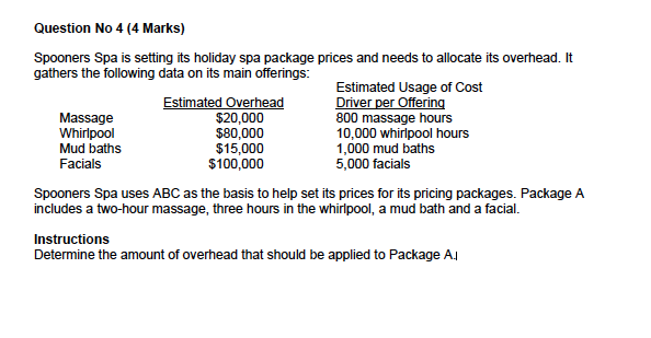 Question No 4 (4 Marks) Spooners Spa is setting its holiday