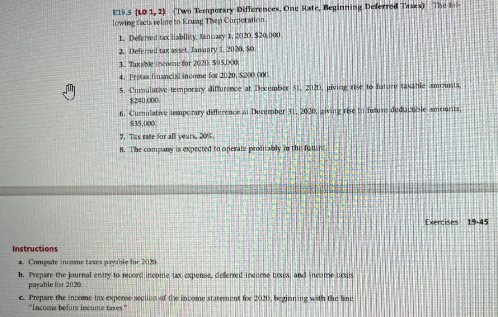  E19.5(LO 1,2)(Two Temporary Differences, One Rate, Beginning Deferred Taxes) The fol-