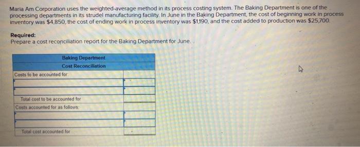 Maria Am Corporation uses the weighted-average method in its process costing system.