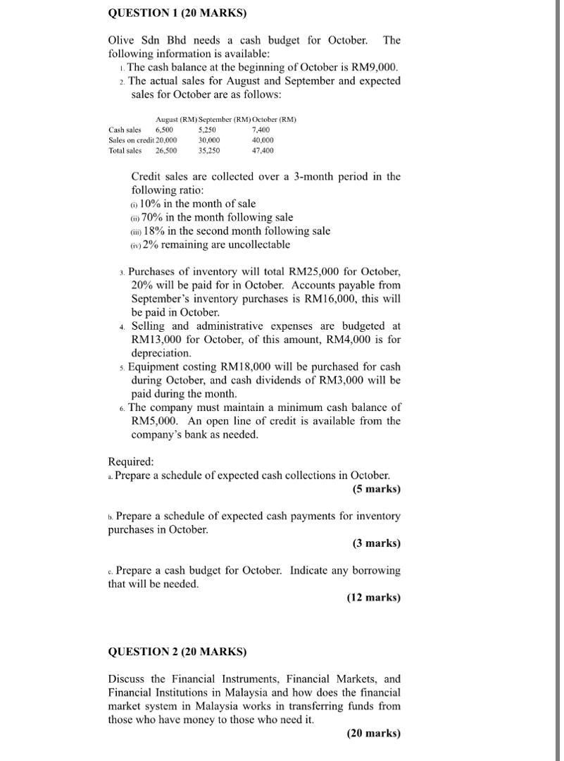 QUESTION 1 (20 MARKS) Olive Sdn Bhd needs a cash budget