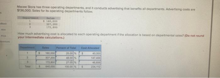 please help Macee Store has three operating departments, and it conducts advertising