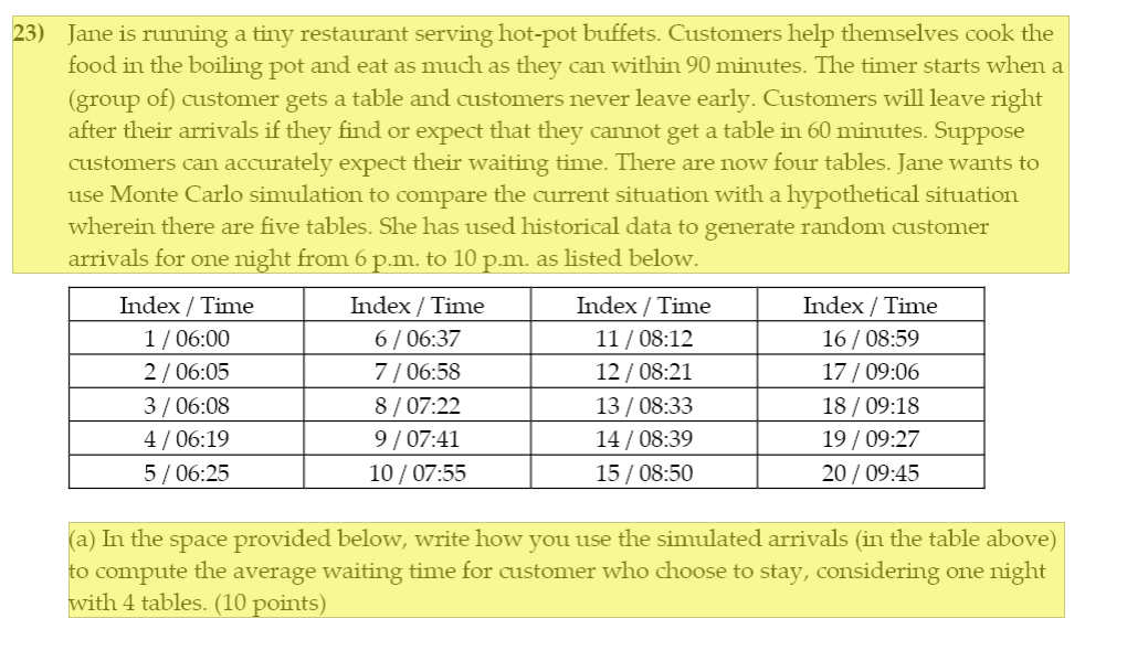  23) Jane is running a tiny restaurant serving hot-pot buets. Customers