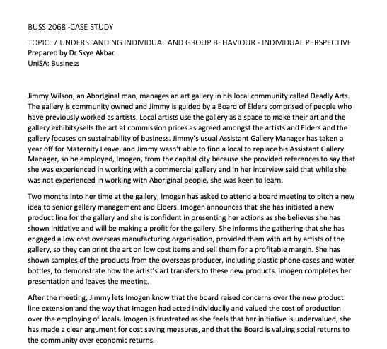 BUSS 2068 -CASE STUDY TOPIC: 7 UNDERSTANDING INDIVIDUAL AND GROUP BEHAVIOUR