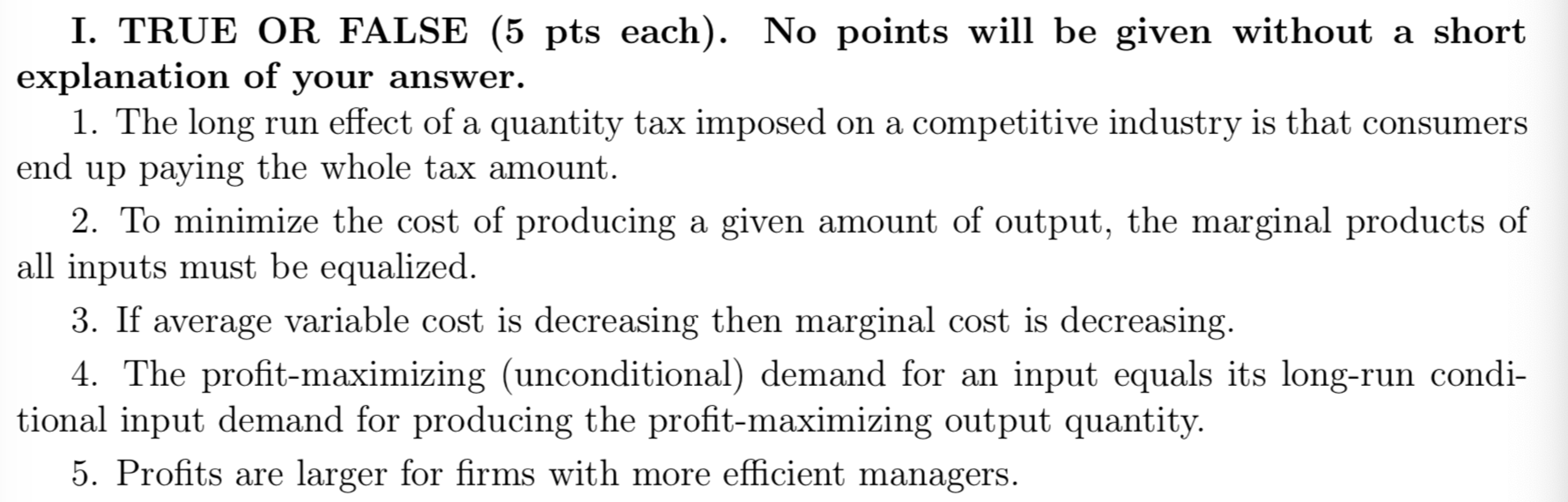 This is my question: Thank you I. TRUE OR FALSE (5 pts