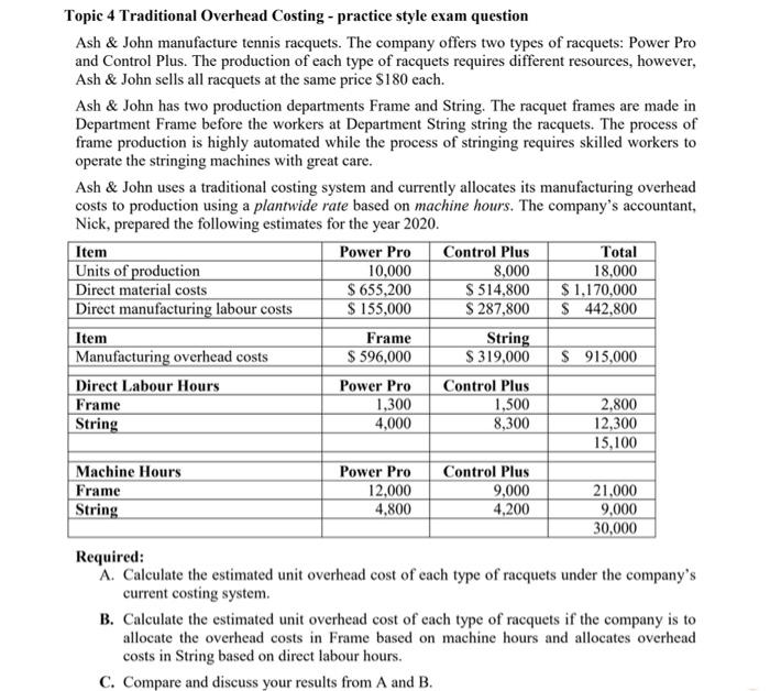  Topic 4 Traditional Overhead Costing - practice style exam question Ash