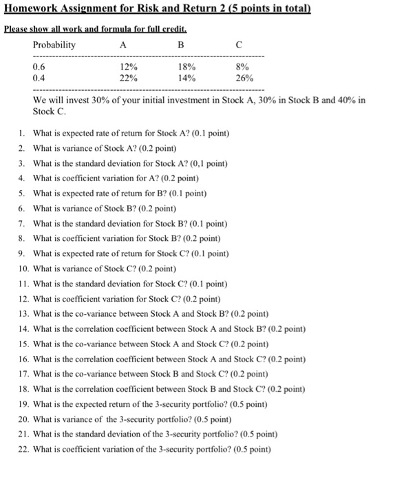  Homework Assignment for Risk and Return 2 (5 points in total)