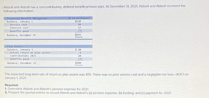  Abbott and Abbott has a noncontributory defined benefit pension plan At
