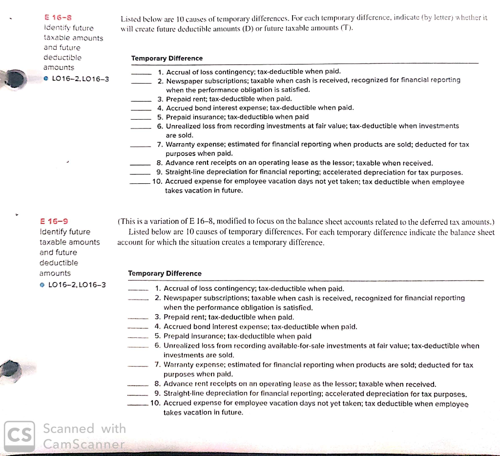  Listed below are 10 causes of temporary differences. For each temporary