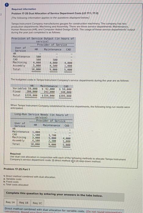 Requirements 1a to 1c please. 2 Required information Problem 17-25 Dual Allocation