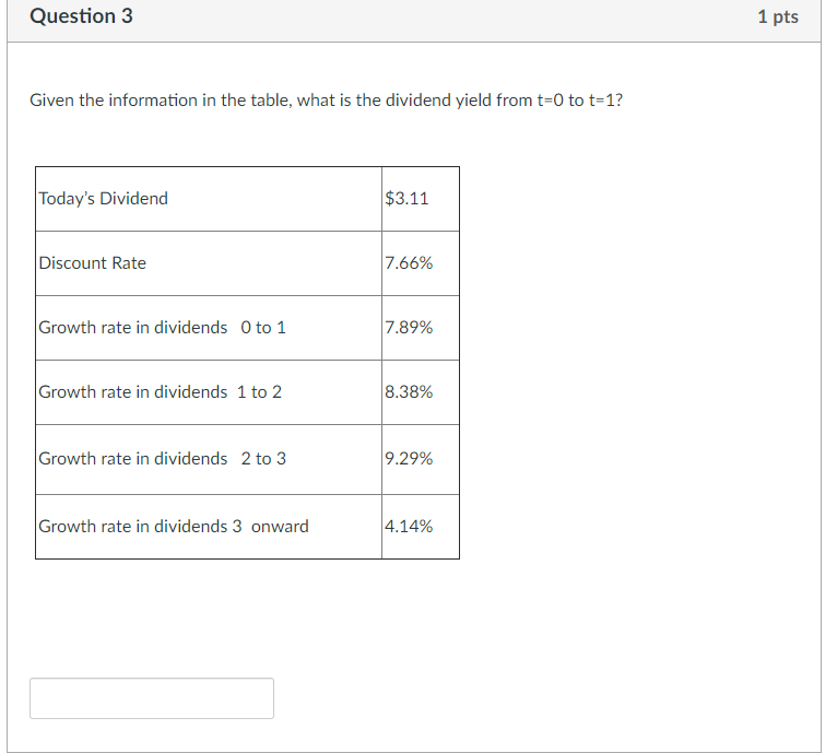 Question 3 1 pts Given the information in the table, what