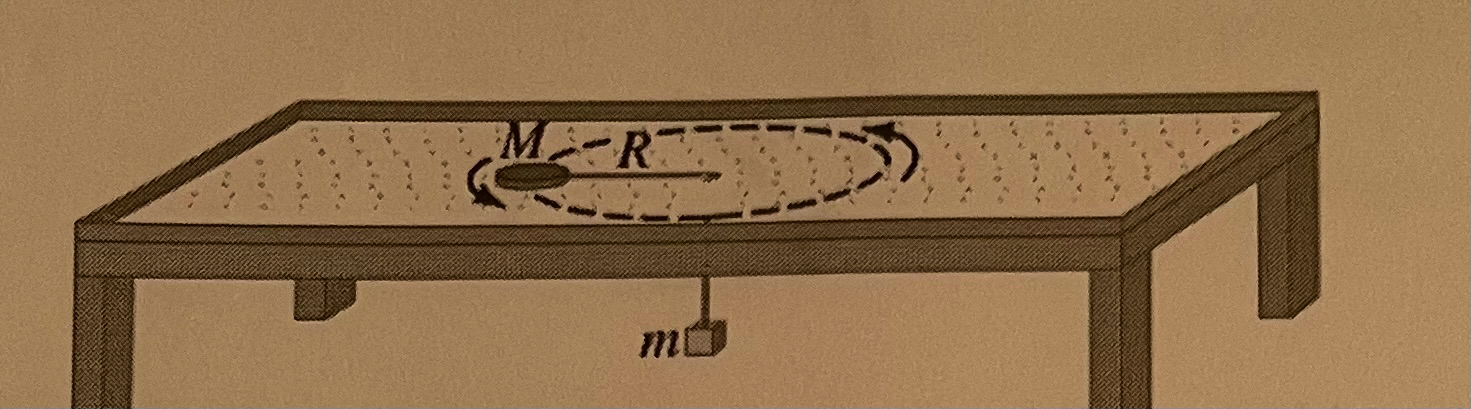 A flat puck mass M is revolved in a circle on a
