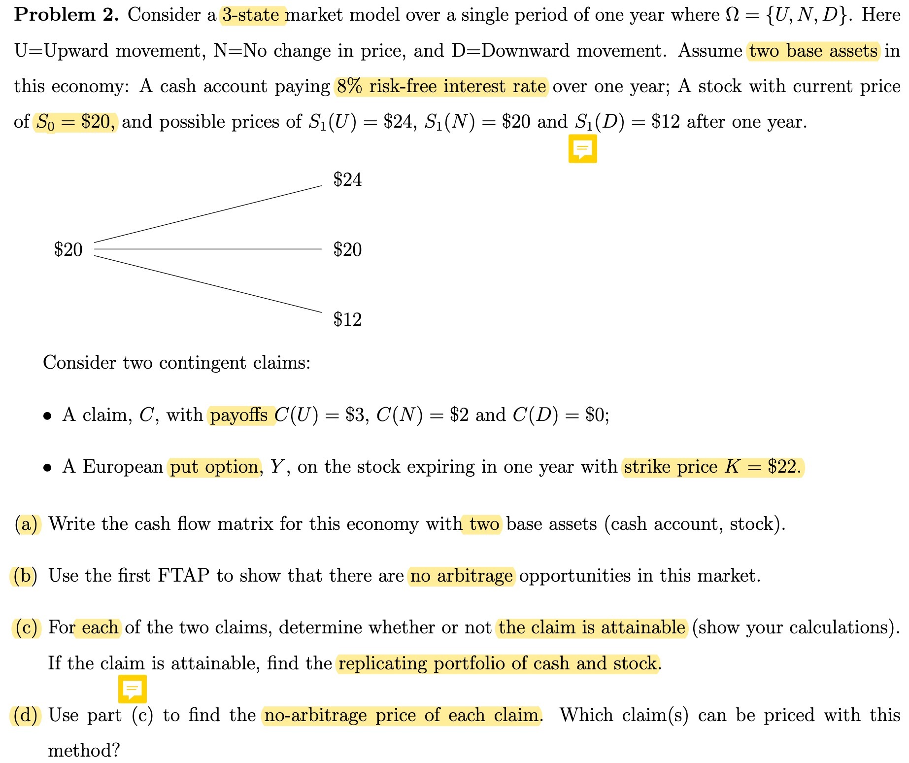  Problem 2. Consider a 3-state market model over a single period