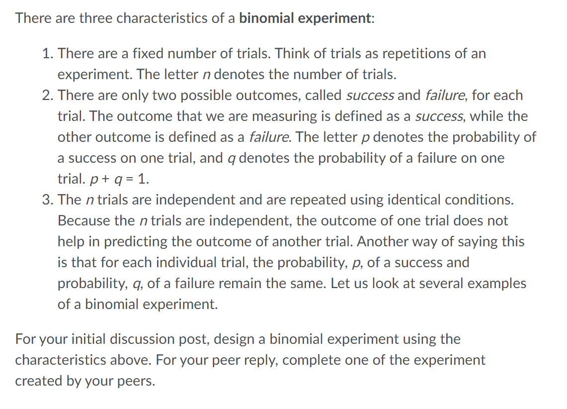 I need to design a binomial experiment using the characteristics from numbers