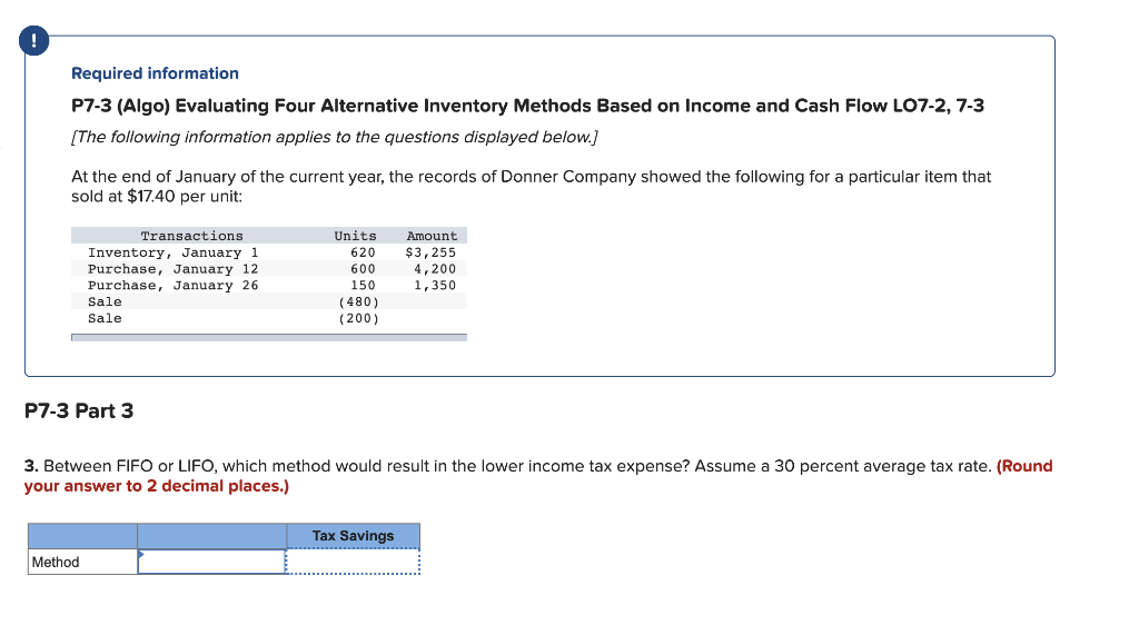  Required information P7-3 (Algo) Evaluating Four Alternative Inventory Methods Based on
