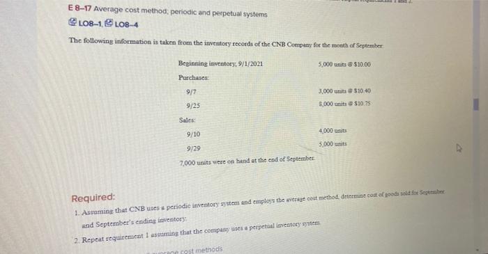  E 8-17 Average cost method, periodic and perpetual systems L08-1, L08-4
