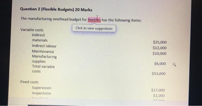  Question 2 (Flexible Budgets) 20 Marks The manufacturing overhead budget for