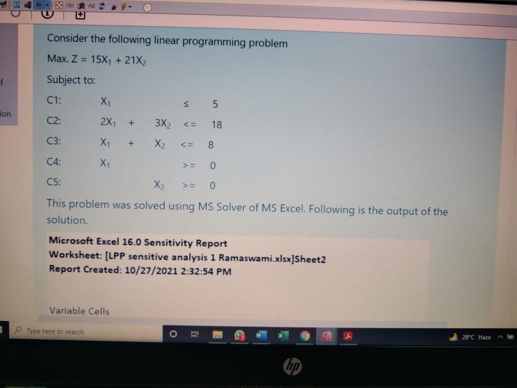 0x Ctrl TE Consider the following linear programming problem Max. Z