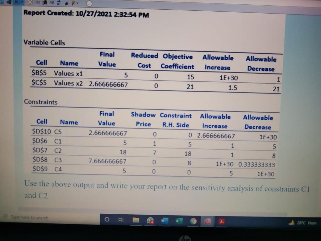 = 15X1 + 21X2 f Subject to: C1: X1 = C5: X2